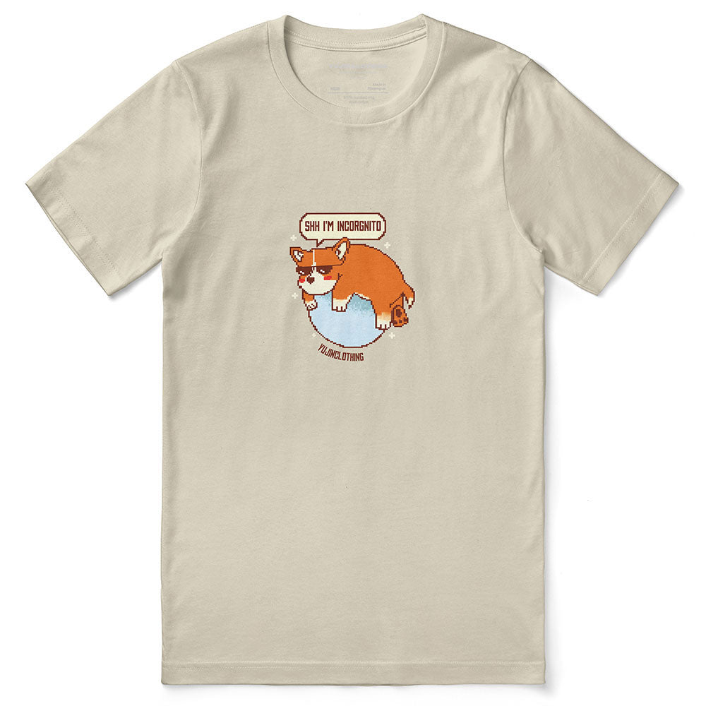 Incognito Corgi Dog T-Shirt by Yūjin Clothing featuring a playful corgi graphic on a casual T-shirt.