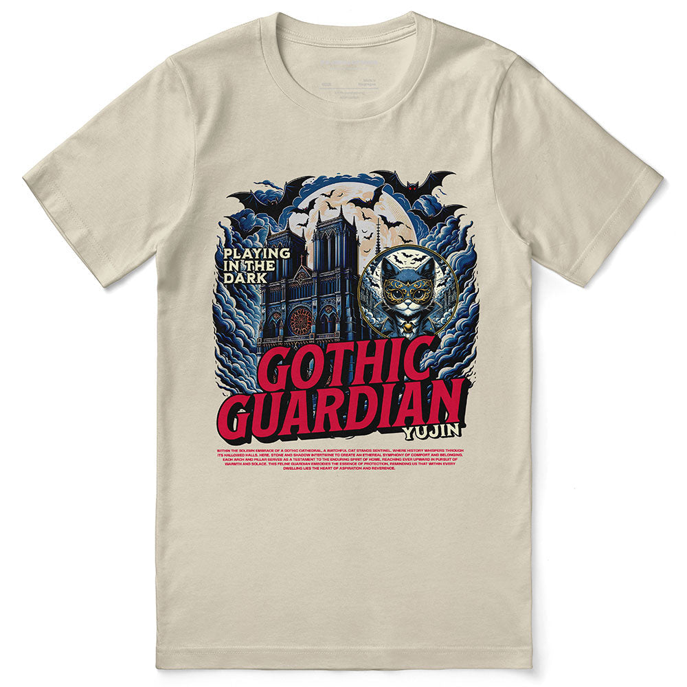 Black Gothic Guardian Cat T-Shirt by Yūjin Clothing featuring a detailed cat design with gothic artistic elements.