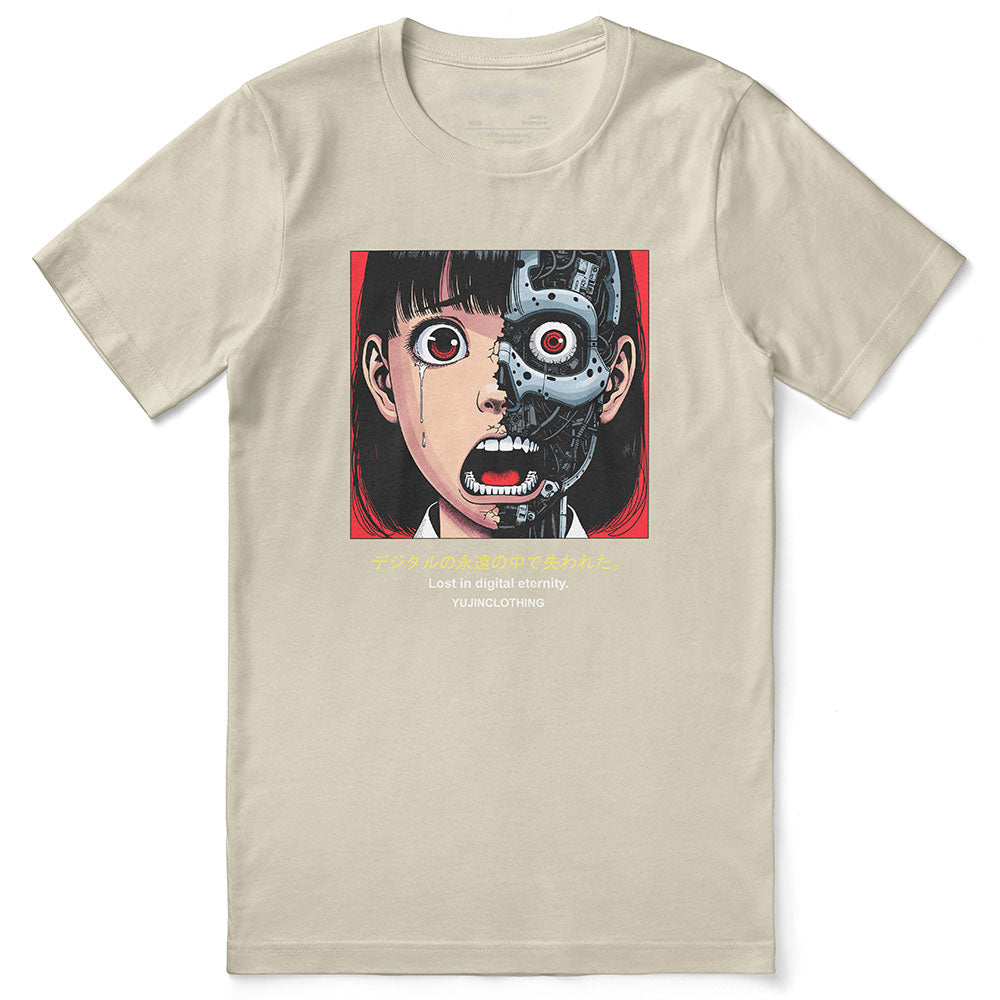 Yūjin Clothing Cyborg Girl T-Shirt featuring a futuristic girl with cybernetic enhancements on a casual cotton tee