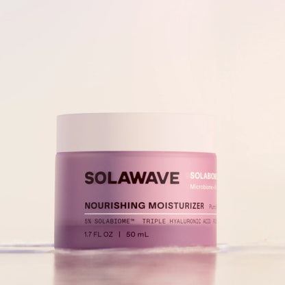 Solawave Pre- &amp; Probiotic Nourishing Moisturizer in a sleek jar, showcasing its creamy, soothing texture for healthy skin.