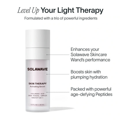 Solawave Skin Therapy Activating Serum in a pump bottle, designed for skincare topicals, with a sleek, modern packaging.