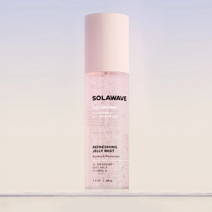 Solawave Pre- &amp; Probiotic Refreshing Jelly Mist in a clear bottle with a white spray nozzle, showing the skincare topical product.