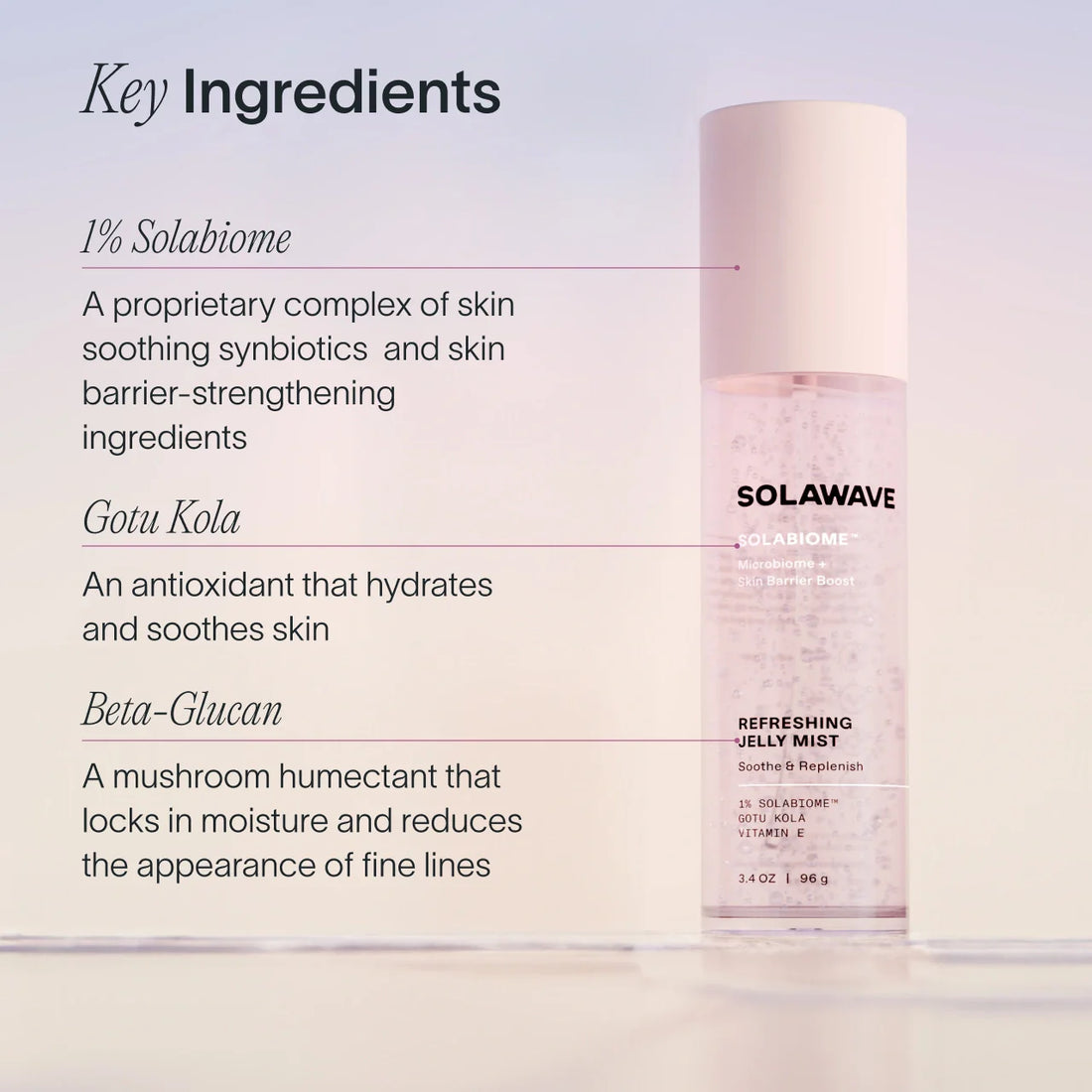 Solawave Pre- &amp; Probiotic Refreshing Jelly Mist in a clear bottle, showcasing its lightweight, hydrating skincare formula.