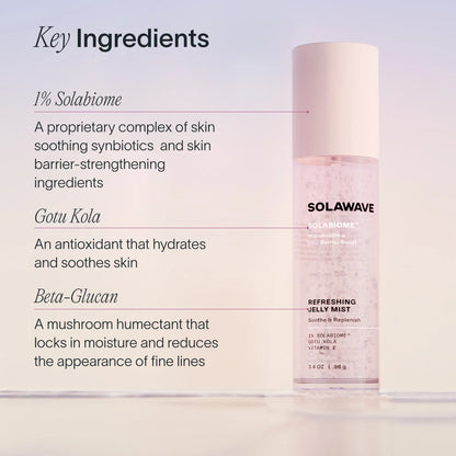 Solawave Pre- &amp; Probiotic Refreshing Jelly Mist in a clear bottle, showcasing its lightweight, hydrating skincare formula.