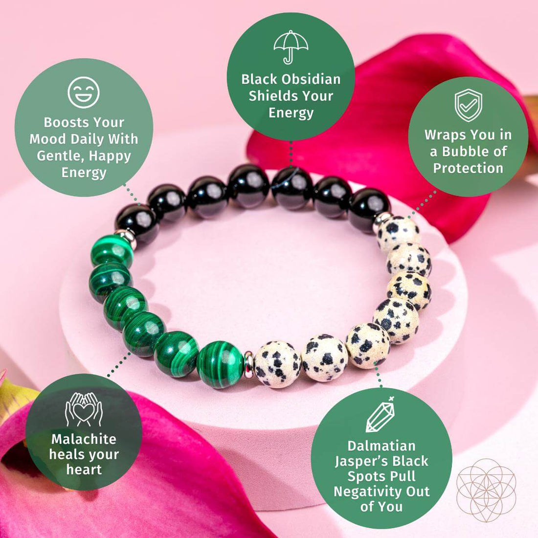 Dalmatian Jasper healing bracelet by Conscious Items featuring black and white spotted stones on an elastic band.