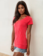 Red heather Wonder V-Neck top for women by SpectraUSA, featuring a comfortable V-neck design and soft fabric.