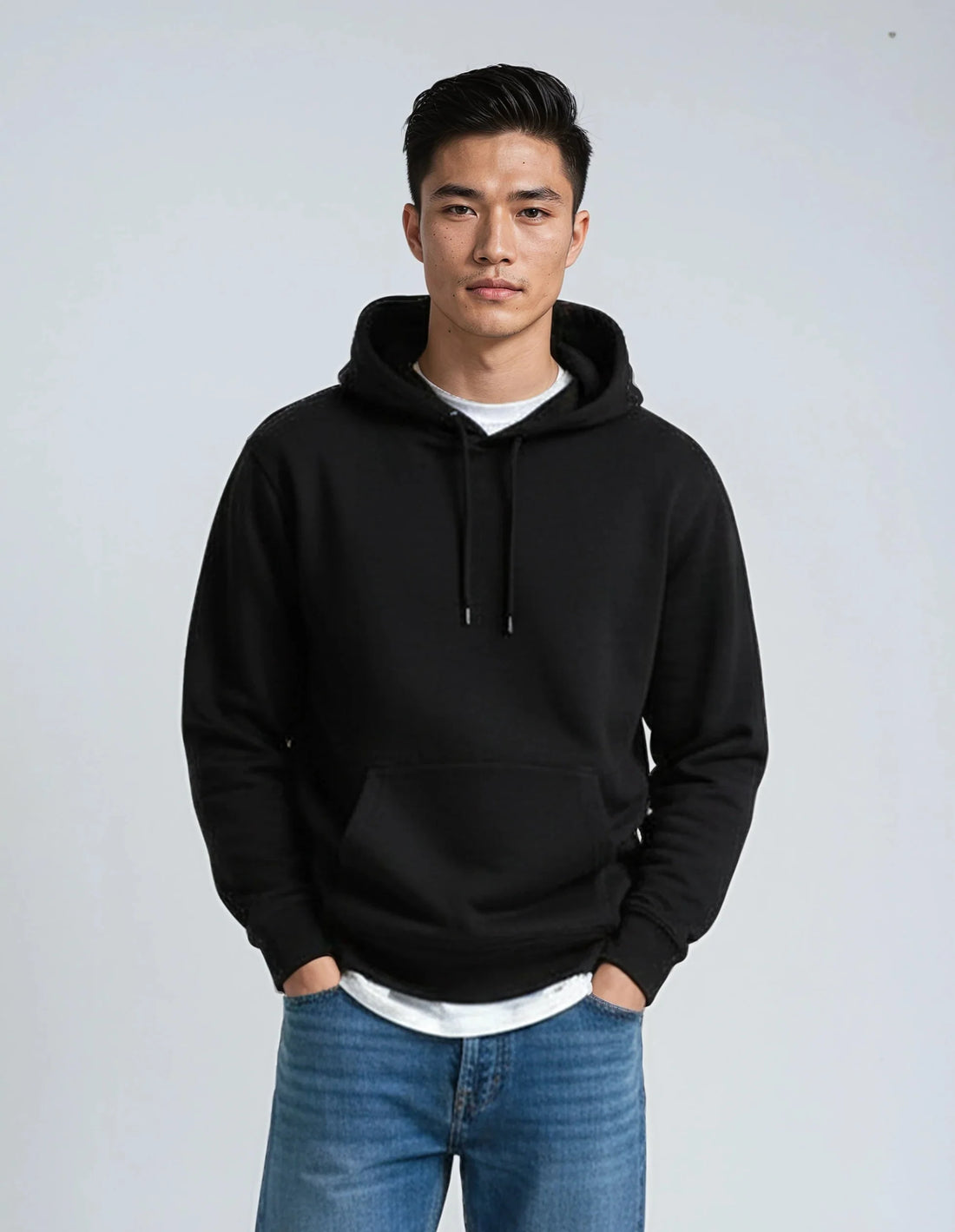 Black SpectraUSA heavyweight fleece hoodie P2016 with a cozy, thick design and front pocket for warmth and comfort.