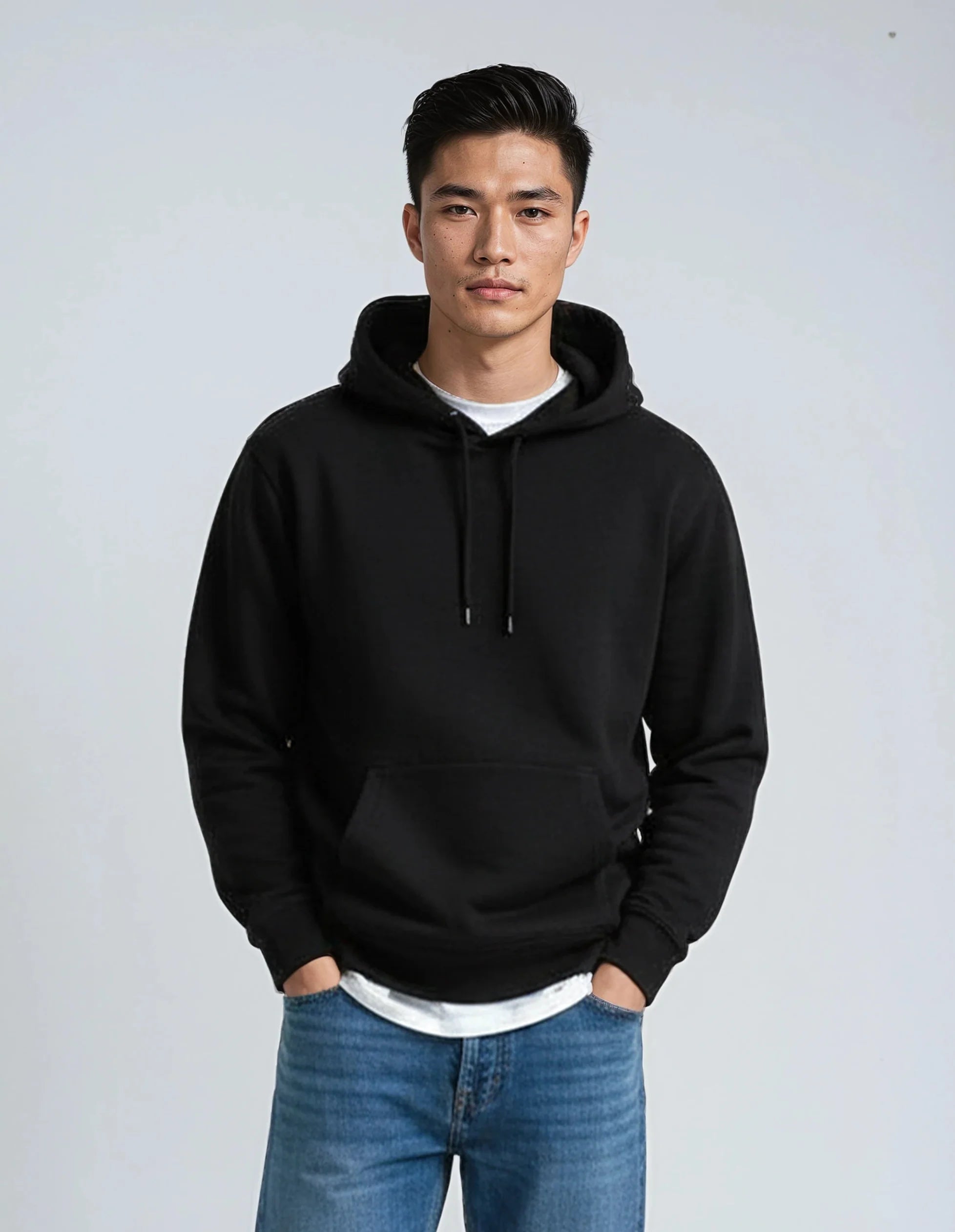 Black SpectraUSA heavyweight fleece hoodie P2016 with a cozy, thick design and front pocket for warmth and comfort.