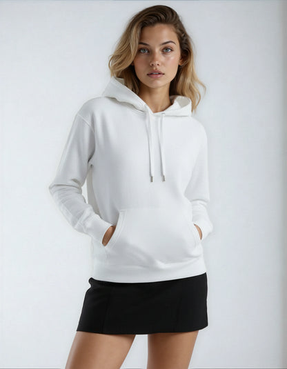 Women wearing a white SpectraUSA heavyweight fleece hoodie P2016, showcasing its cozy, soft fabric and relaxed fit.