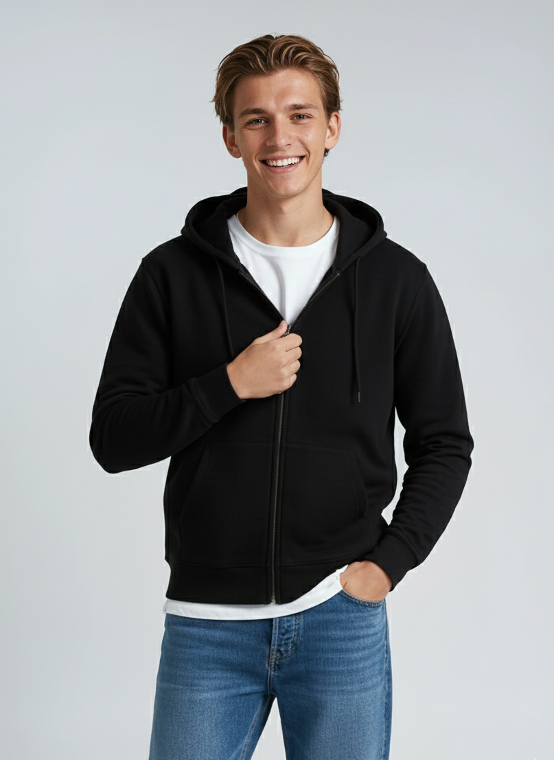 Black unisex fleece zip hoodie from SpectraUSA, midweight P2008 style with full front zipper and comfortable fit.