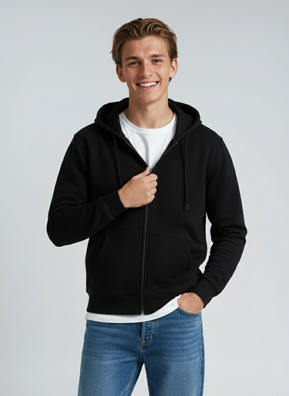 Black unisex fleece zip hoodie from SpectraUSA, midweight P2008 style with full front zipper and comfortable fit.