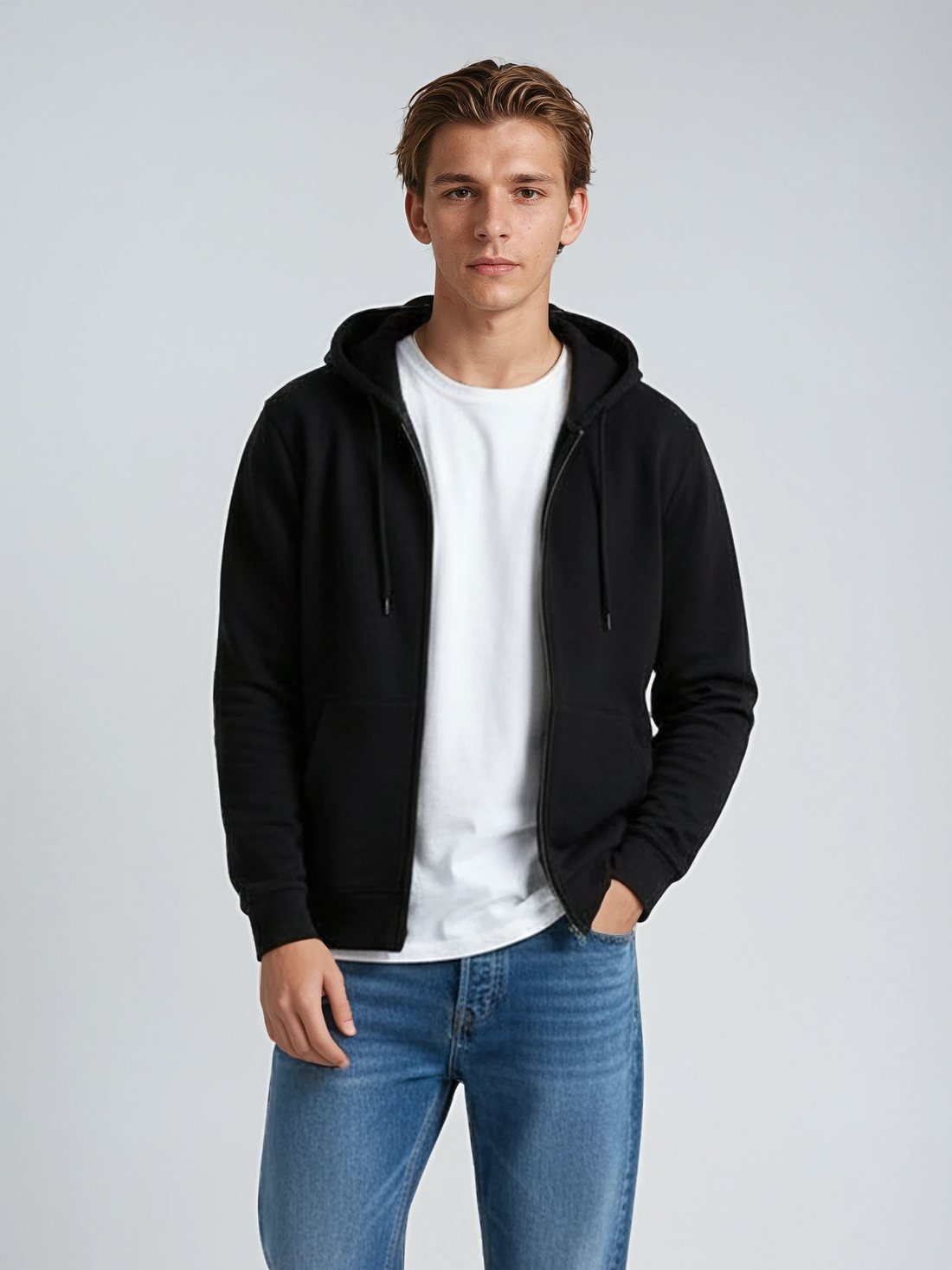 SpectraUSA black unisex zip hoodie made of lightweight fleece, front view showing full zipper and casual fit.