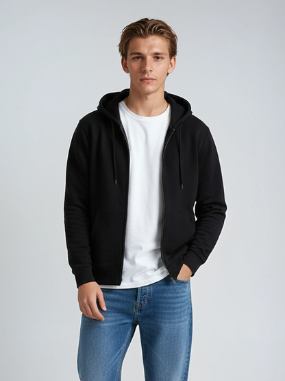 SpectraUSA black unisex zip hoodie made of lightweight fleece, front view showing full zipper and casual fit.