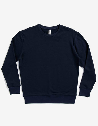 SpectraUSA navy crew neck fleece sweatshirt with drop shoulder design, unisex midweight pullover, flatlay view.