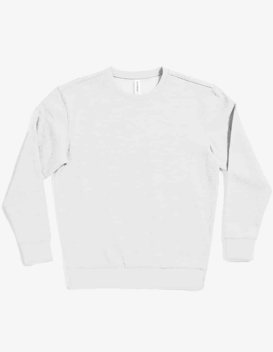 White fleece crew neck sweatshirt by SpectraUSA, unisex midweight drop shoulder design, flatlay image showing fabric texture and fit.
