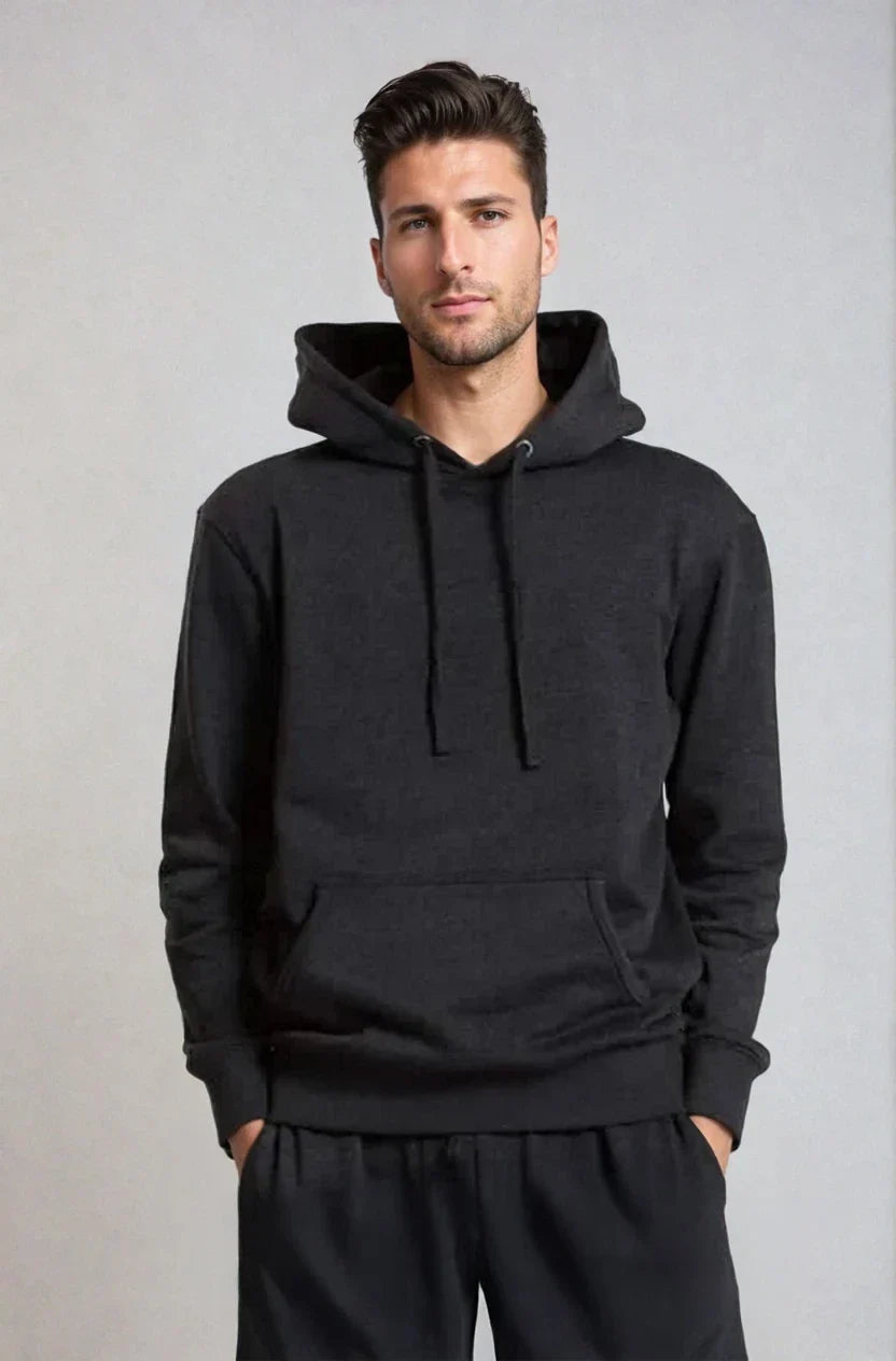 Unisex charcoal heather fleece hoodie pullover by SpectraUSA, midweight fleece with hood, suitable for casual wear.