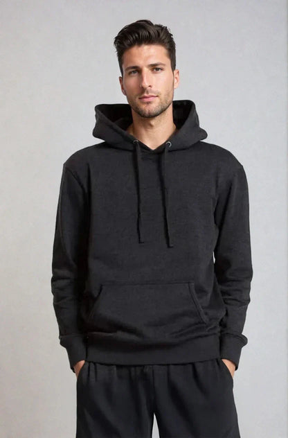 Unisex charcoal heather fleece hoodie pullover by SpectraUSA, midweight fleece with hood, suitable for casual wear.