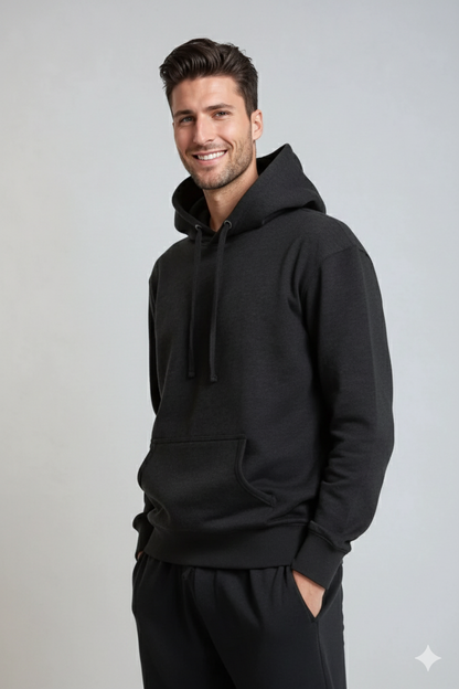 SpectraUSA midweight fleece hoodie pullover, soft and cozy, with a front pocket and adjustable drawstrings.