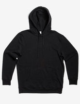 Black unisex fleece hoodie pullover by SpectraUSA, midweight fleece with a hood and front pocket.