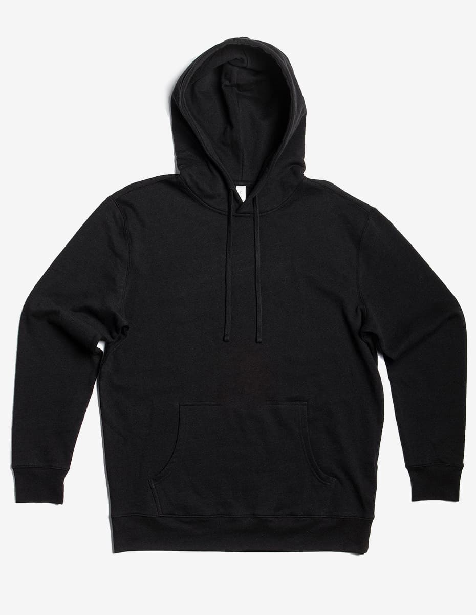 Black unisex fleece hoodie pullover by SpectraUSA, midweight fleece with a hood and front pocket.