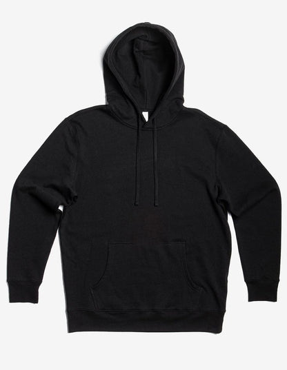 Black unisex fleece hoodie pullover by SpectraUSA, midweight fleece with a hood and front pocket.