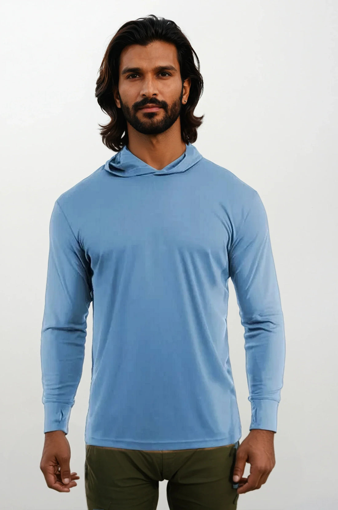 Light blue SpectraUSA UPF 50 performance long sleeve hoody, front view, designed for sun protection and active wear.