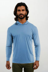 Light blue SpectraUSA UPF 50 performance long sleeve hoody, front view, designed for sun protection and active wear.