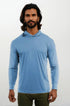 Light blue SpectraUSA UPF 50 performance long sleeve hoody, front view, designed for sun protection and active wear.