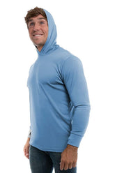 Blue SpectraUSA UPF 50 performance long sleeve hoody shown from the side, highlighting the comfortable fit and breathable fabric.