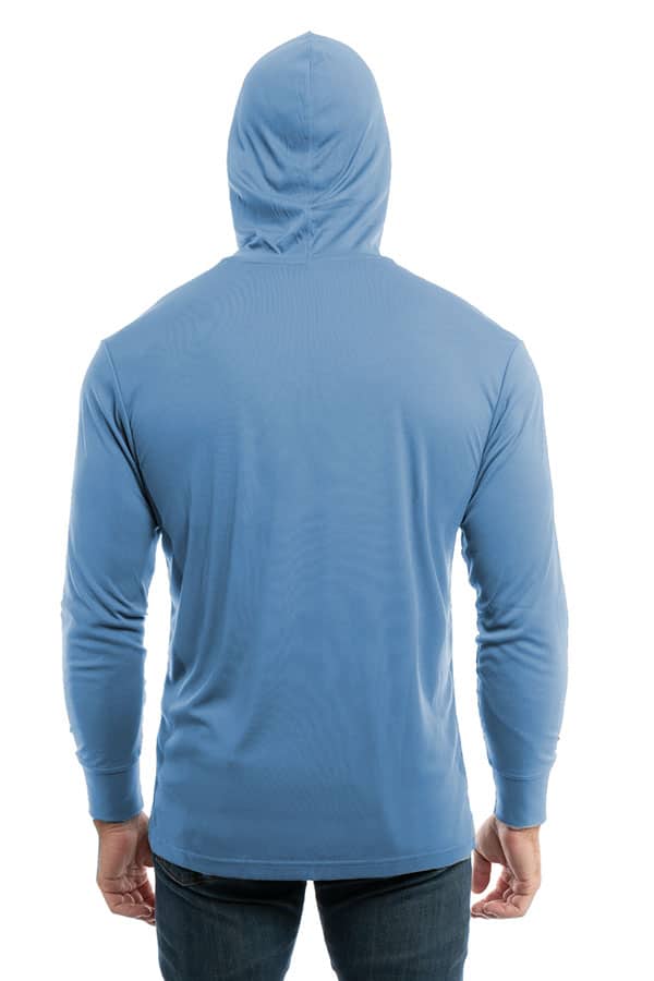 Light blue SpectraUSA UPF 50 performance long sleeve hoody shown from the back, featuring a comfortable fit and breathable fabric.
