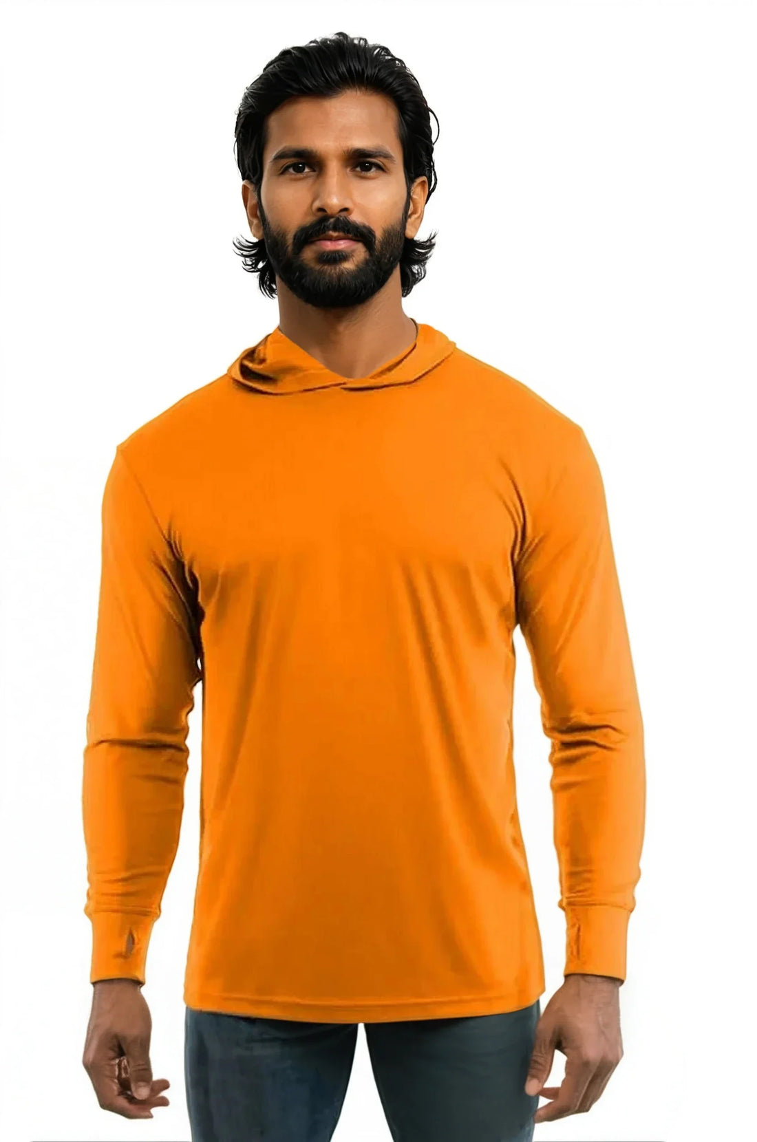 SpectraUSA UPF 50 performance long sleeve hoody in orange, front view, designed for sun protection and active wear.