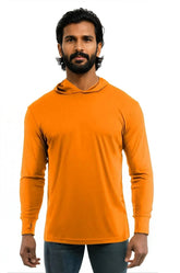 SpectraUSA UPF 50 performance long sleeve hoody in orange, front view, designed for sun protection and active wear.