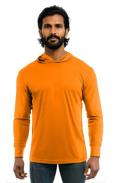 SpectraUSA UPF 50 performance long sleeve hoody in orange, front view, designed for sun protection and active wear.
