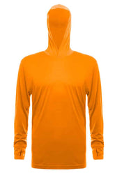 SpectraUSA UPF 50 performance long sleeve hoody in construction orange with front view and hood detail.