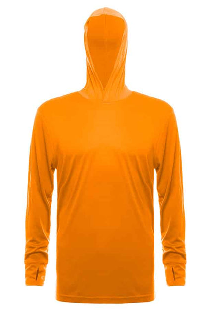 SpectraUSA UPF 50 performance long sleeve hoody in construction orange with front view and hood detail.