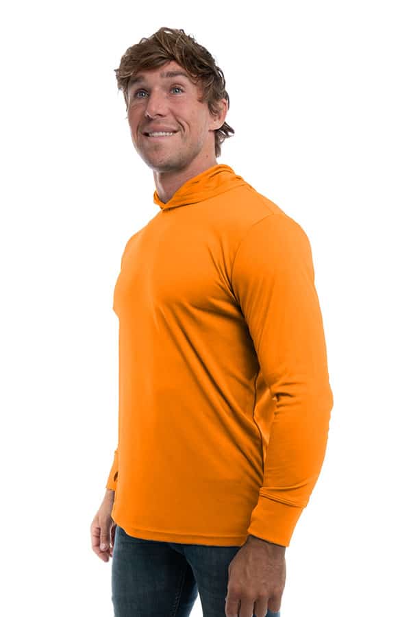 SpectraUSA UPF 50 performance long sleeve hoody in con orange, shown from side view, suitable for sun protection and active wear.