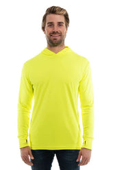 SpectraUSA UPF 50 performance long sleeve hoody in safety yellow, front view, designed for sun protection and active wear.
