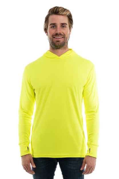 SpectraUSA UPF 50 performance long sleeve hoody in safety yellow, front view, designed for sun protection and active wear.