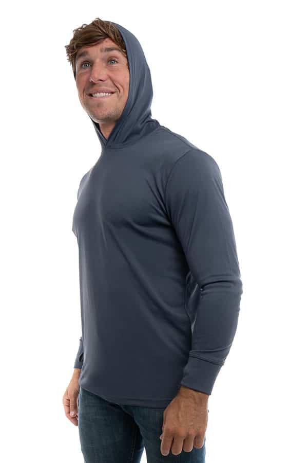 Steel grey SpectraUSA UPF 50 performance long sleeve hoody shown from the side, highlighting its breathable, sun-protective fabric.