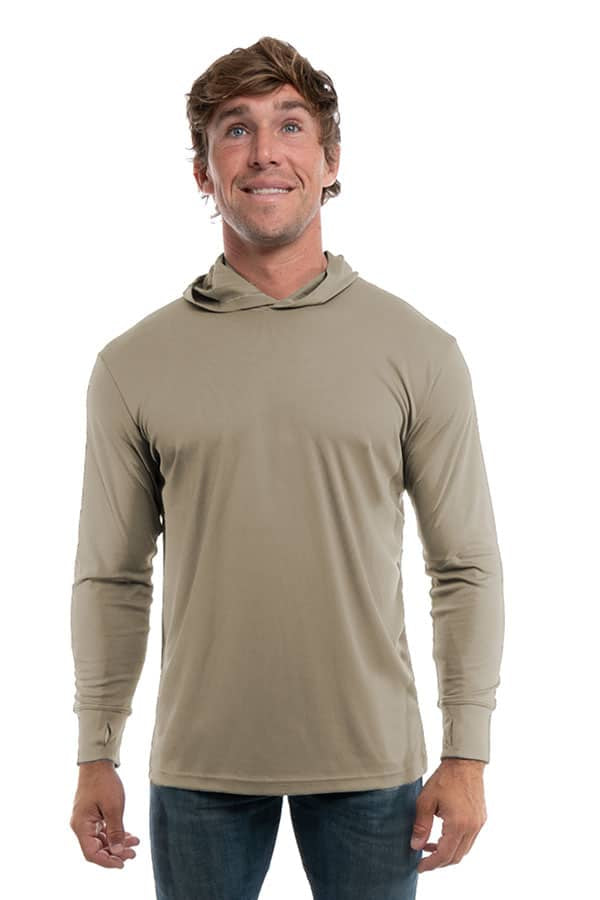 SpectraUSA UPF 50 performance long sleeve hoody in warm grey, front view showcasing lightweight, sun-protective fabric.