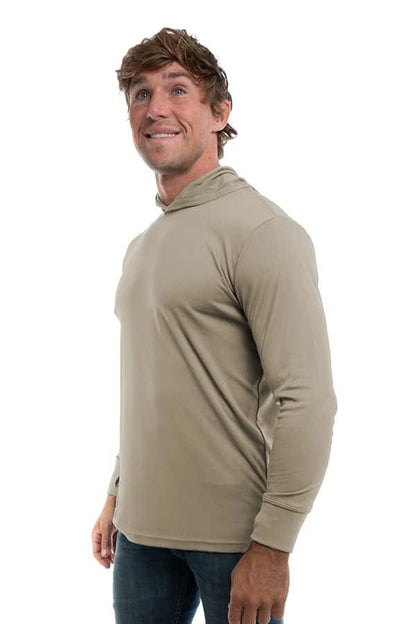 SpectraUSA UPF 50 Performance long sleeve hoodie in warm grey, shown from side view, designed for sun protection and active wear.