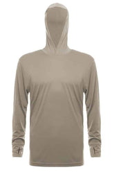 SpectraUSA UPF 50 long sleeve performance hoody in warm grey, front view, lightweight sun protection for outdoor activities.