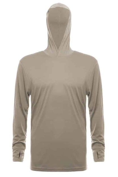 SpectraUSA UPF 50 long sleeve performance hoody in warm grey, front view, lightweight sun protection for outdoor activities.