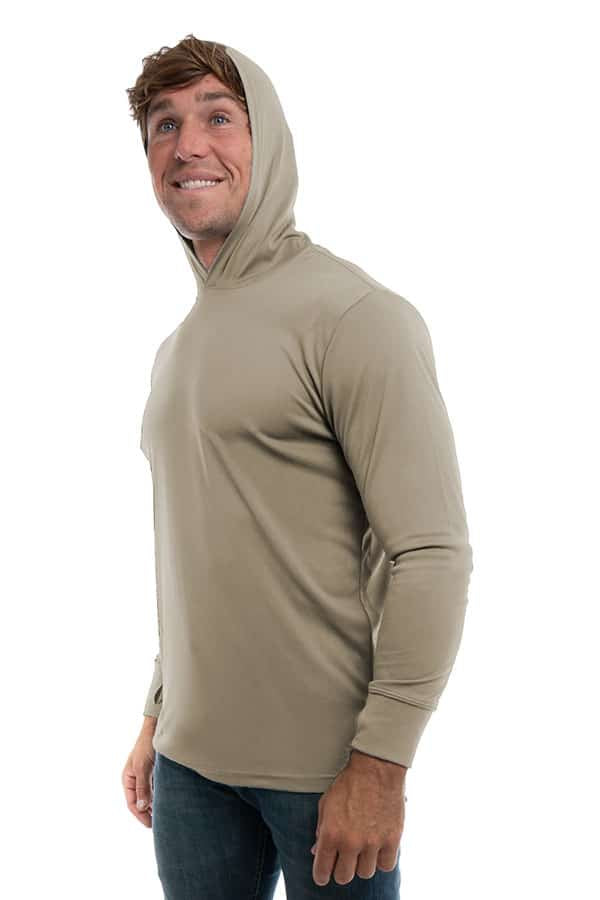 SpectraUSA UPF 50 performance long sleeve hoody in warm grey, shown from the side with a fitted design and lightweight fabric.