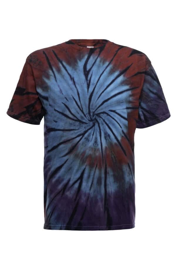 SpectraUSA boho spiral tie-dye t-shirt featuring vibrant, swirling colorful patterns on a casual tee front view.
