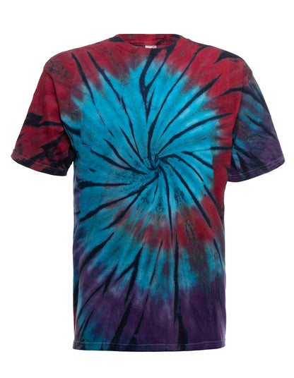 SpectraUSA Boho Spiral Tie-Dye T-shirt featuring a colorful spiral design on the front, casual and vibrant boho style tee.