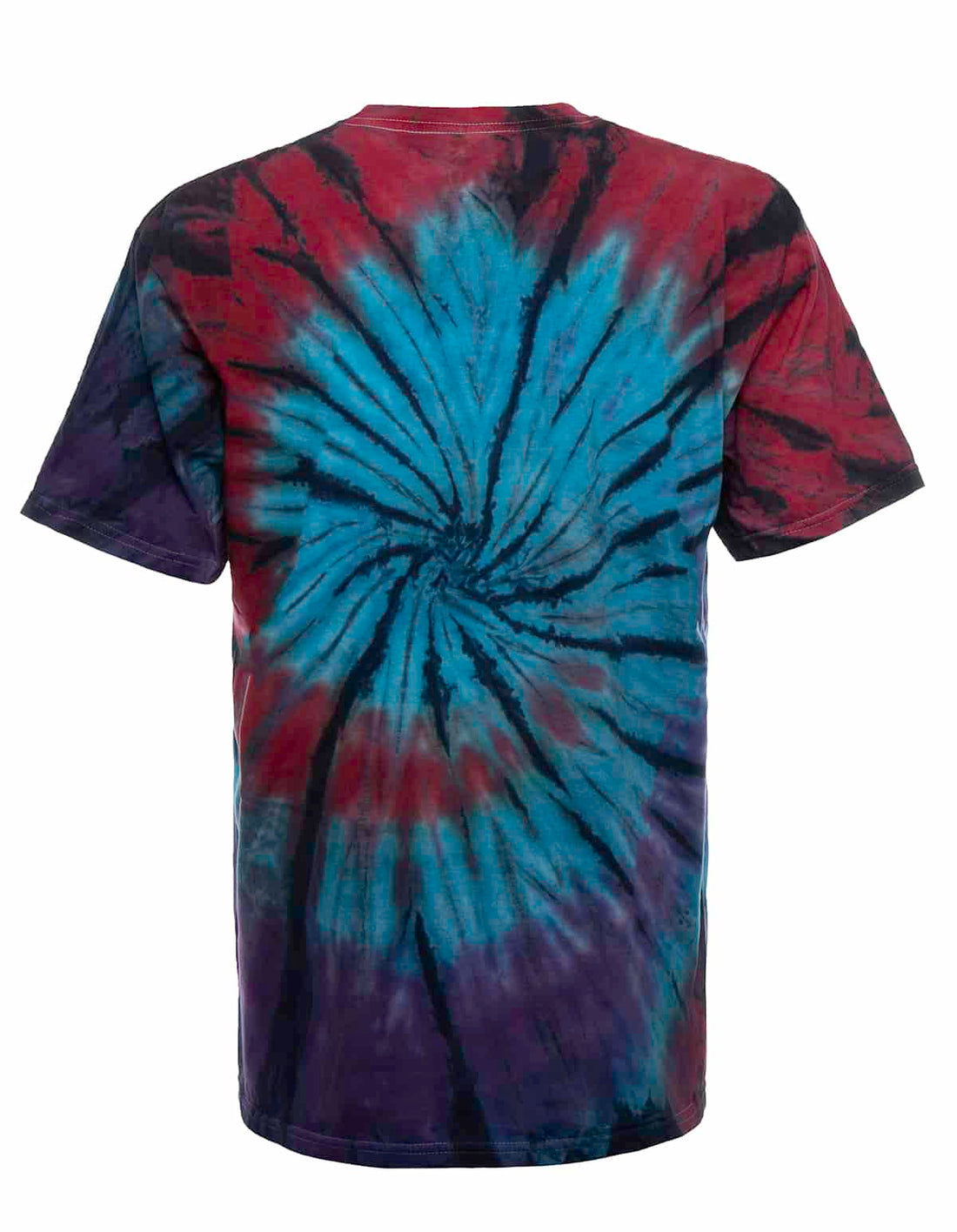 SpectraUSA boho spiral tie-dye tee shirt with vibrant, swirling pattern, shown from the back view.