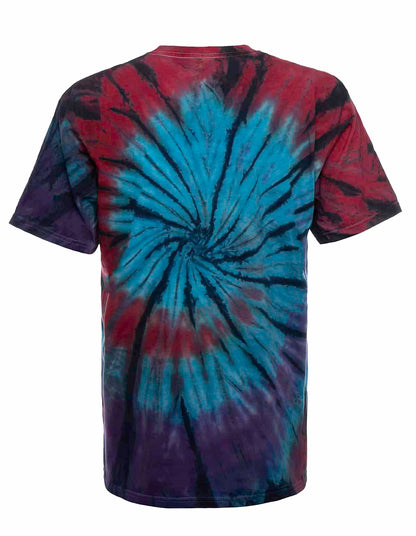 SpectraUSA boho spiral tie-dye tee shirt with vibrant, swirling pattern, shown from the back view.