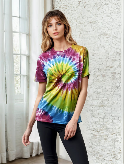 SpectraUSA classic spiral tie-dye T-shirt featuring vibrant, swirling colors on soft cotton fabric.