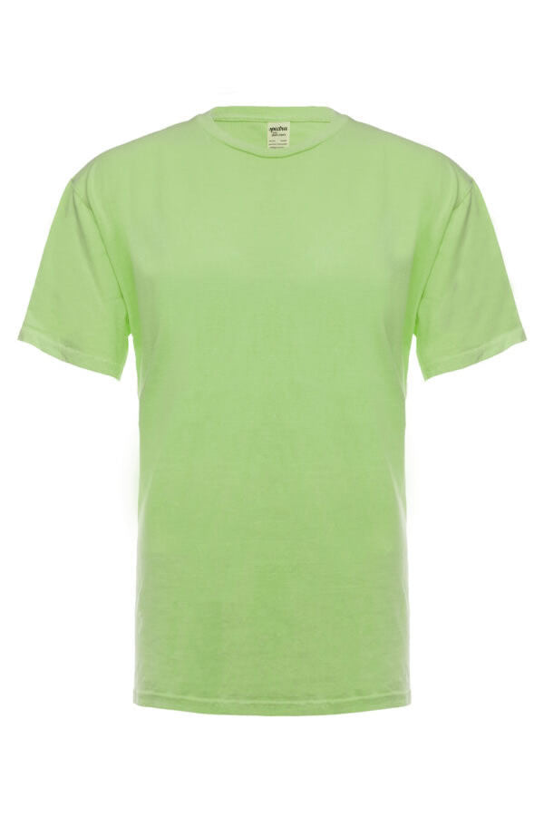 SpectraUSA neon green garment dye applied to a T-shirt, showcasing vibrant color and fabric texture.
